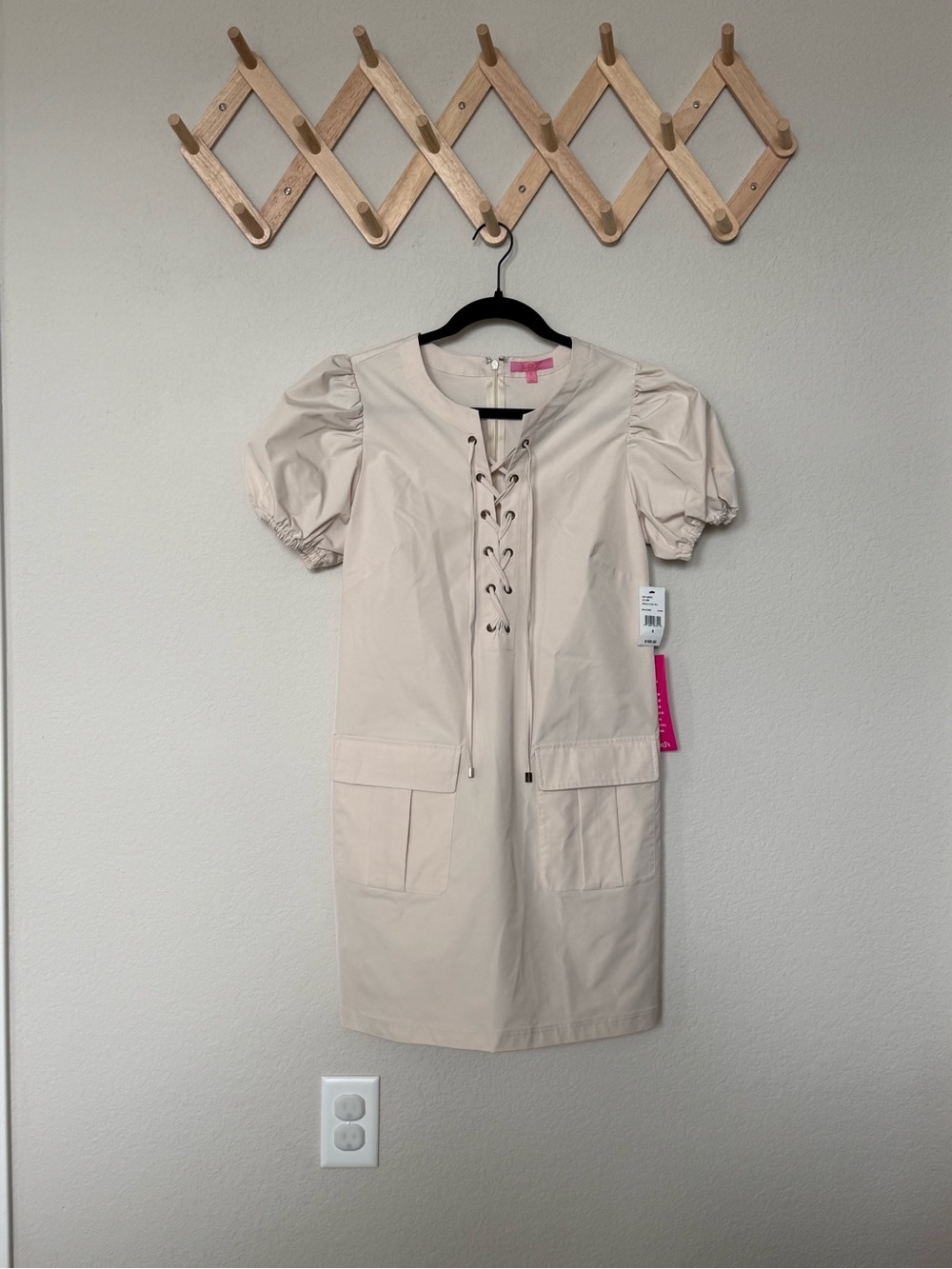 NWT LDT Lace-Up Pocket Beige Shift Dress